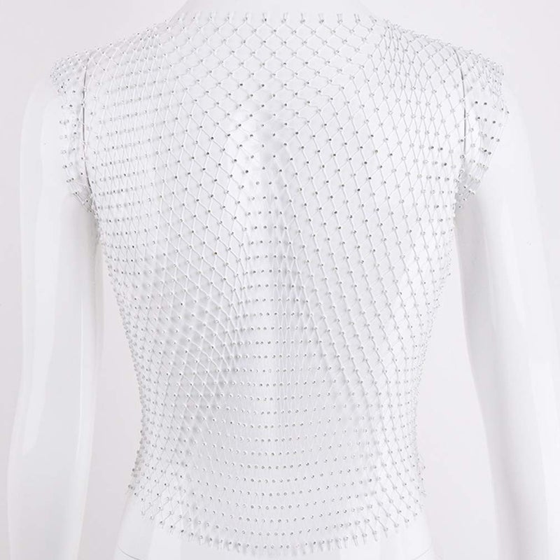 FlyCC Women Sexy Mesh Tank Tops Rhinestone Glitter See Through Hollow Out Crop Tops for Rave,Party,Clubwear - Image 4